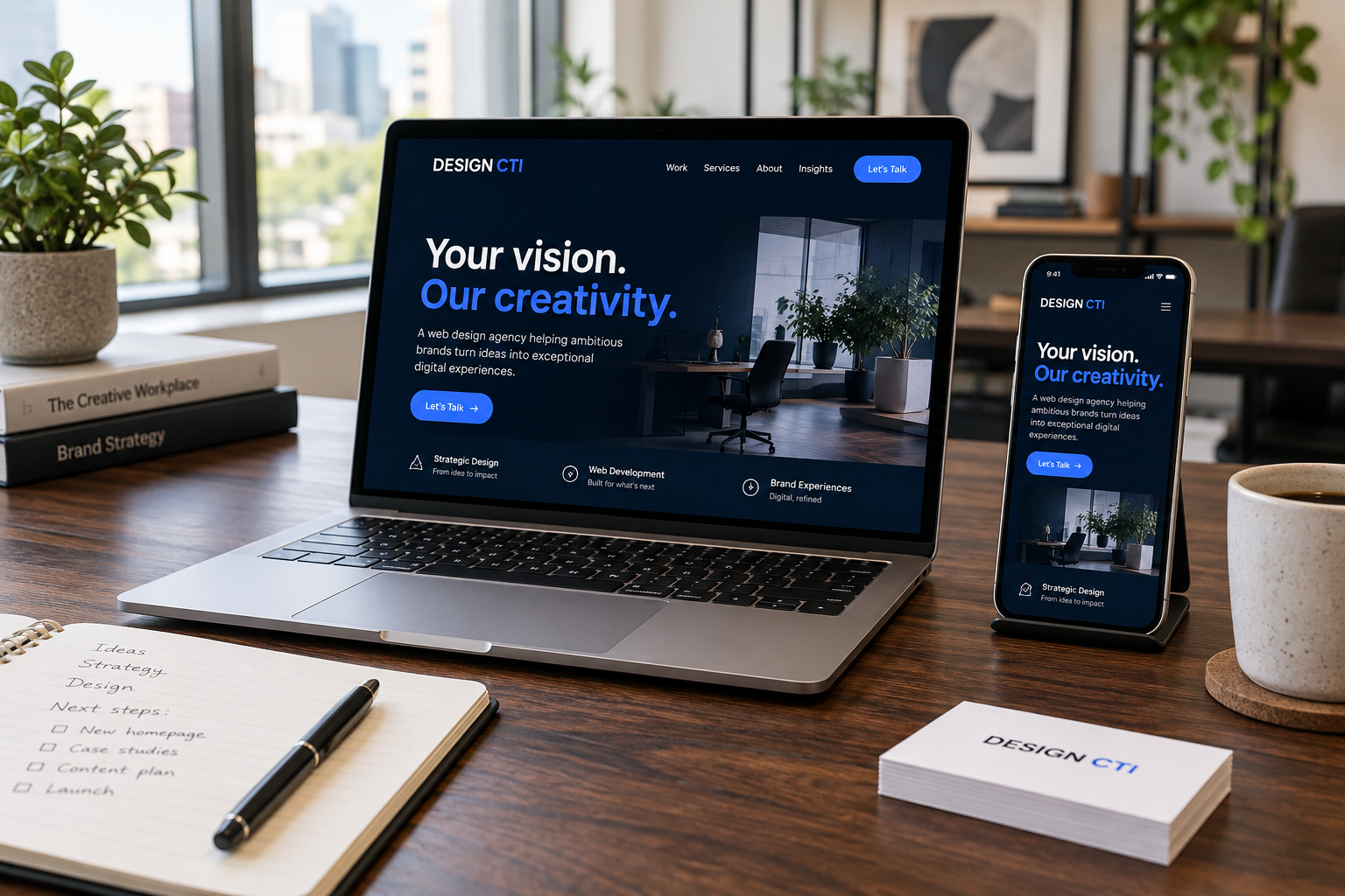 A realistic creative work desk with a laptop showing the Design CTI website, a smartphone and matching business cards